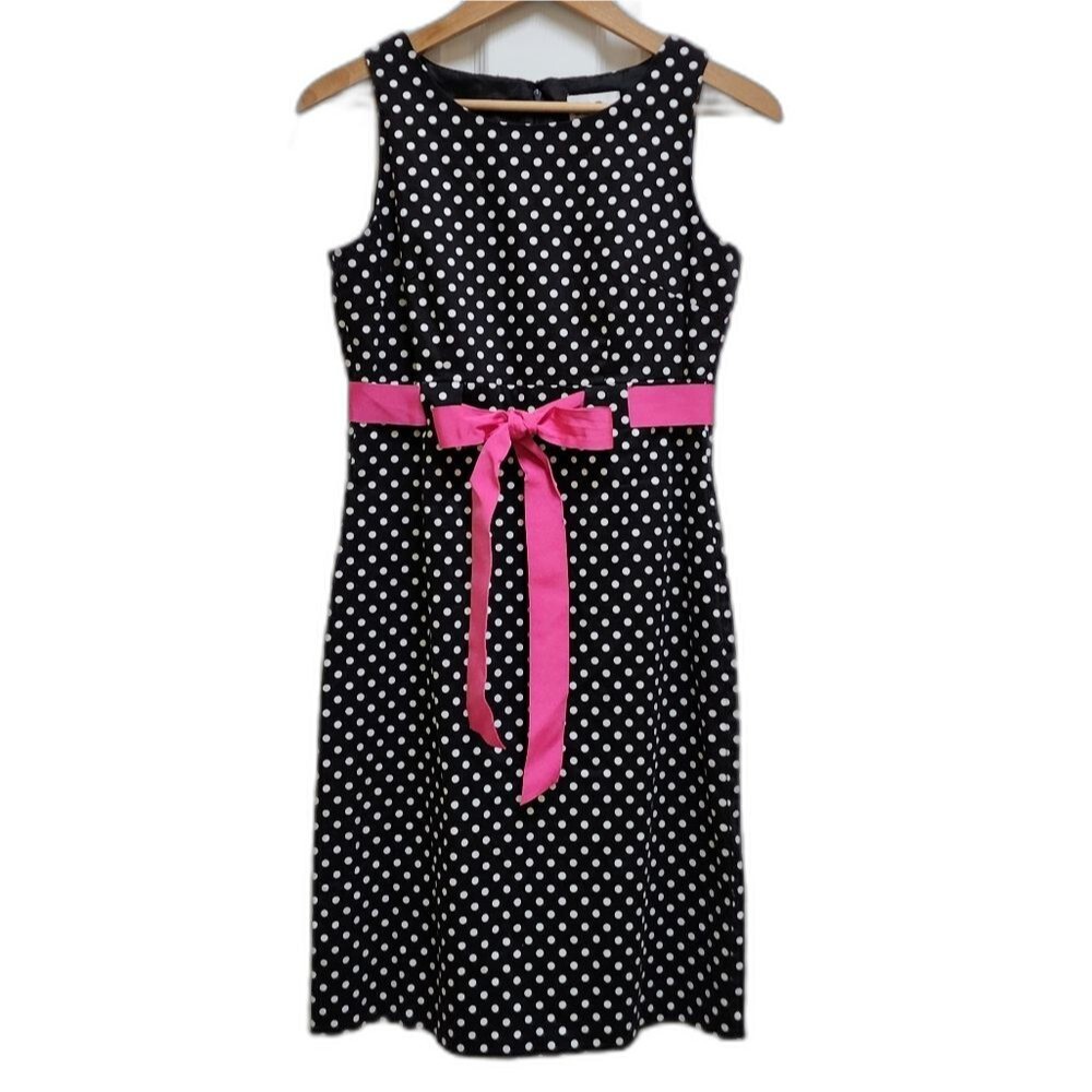 JBS Dress Women 6 Black White Polka Dot Sheath Sleeveless Pink Tie Ribbon